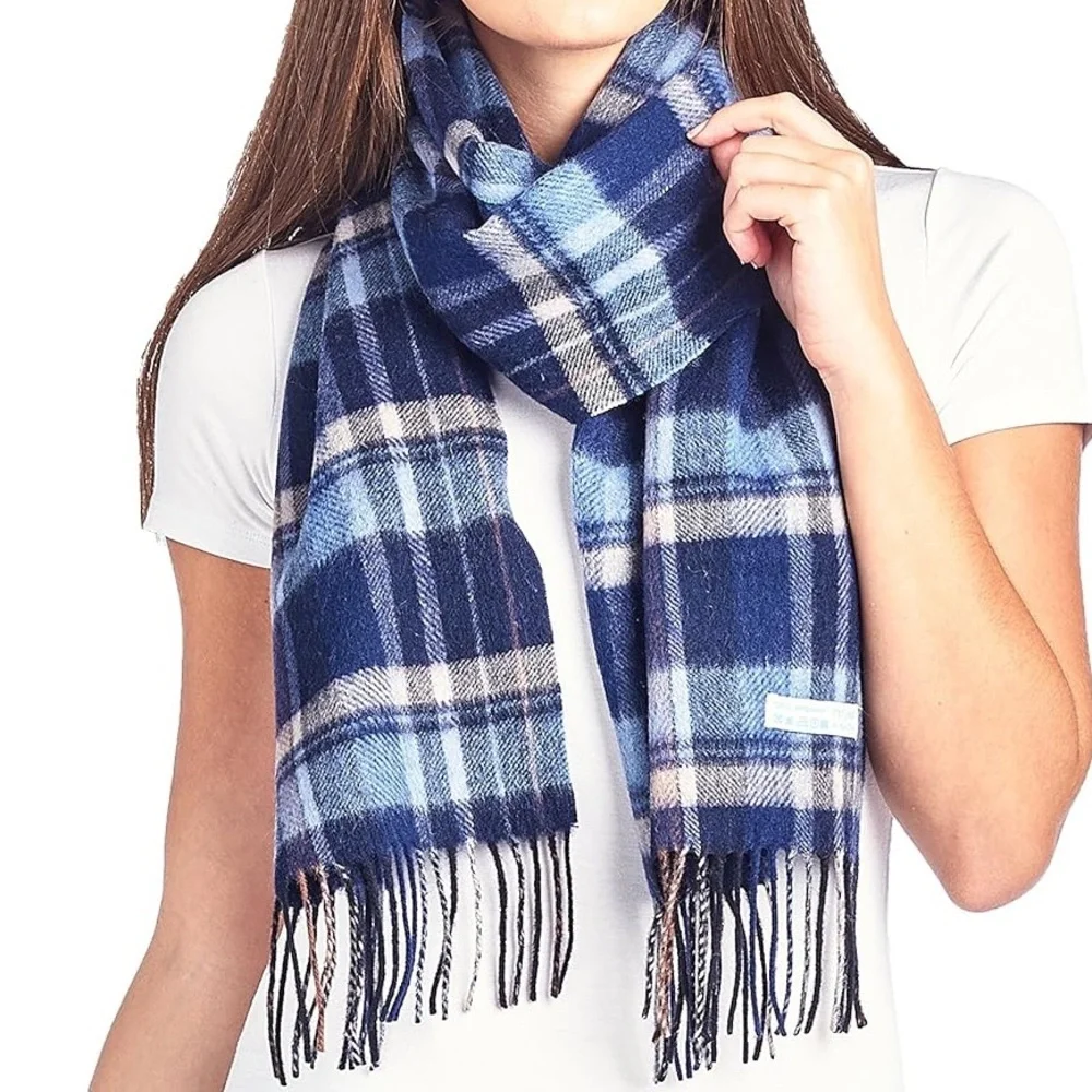 Royal Rossi 100% Mongolian Cashmere Plaid Scarf Fringe White Navy Blue Like New